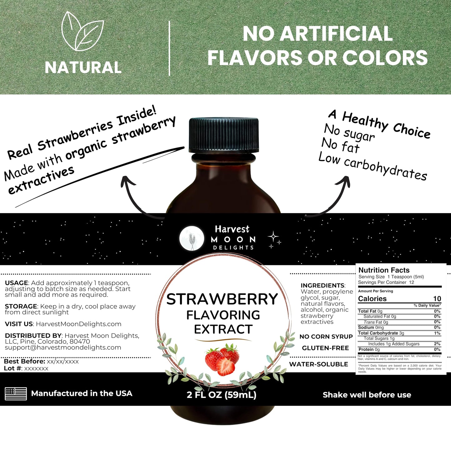 Natural Strawberry Extract - 2 Oz - Water-Soluble - By Harvest Moon Delights - Strawberry Extract For Baking, Drinks, Ice Cream