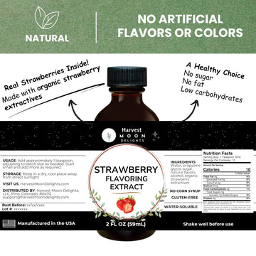 Natural Strawberry Extract - 2 Oz - Water-Soluble - By Harvest Moon Delights - Strawberry Extract For Baking, Drinks, Ice Cream