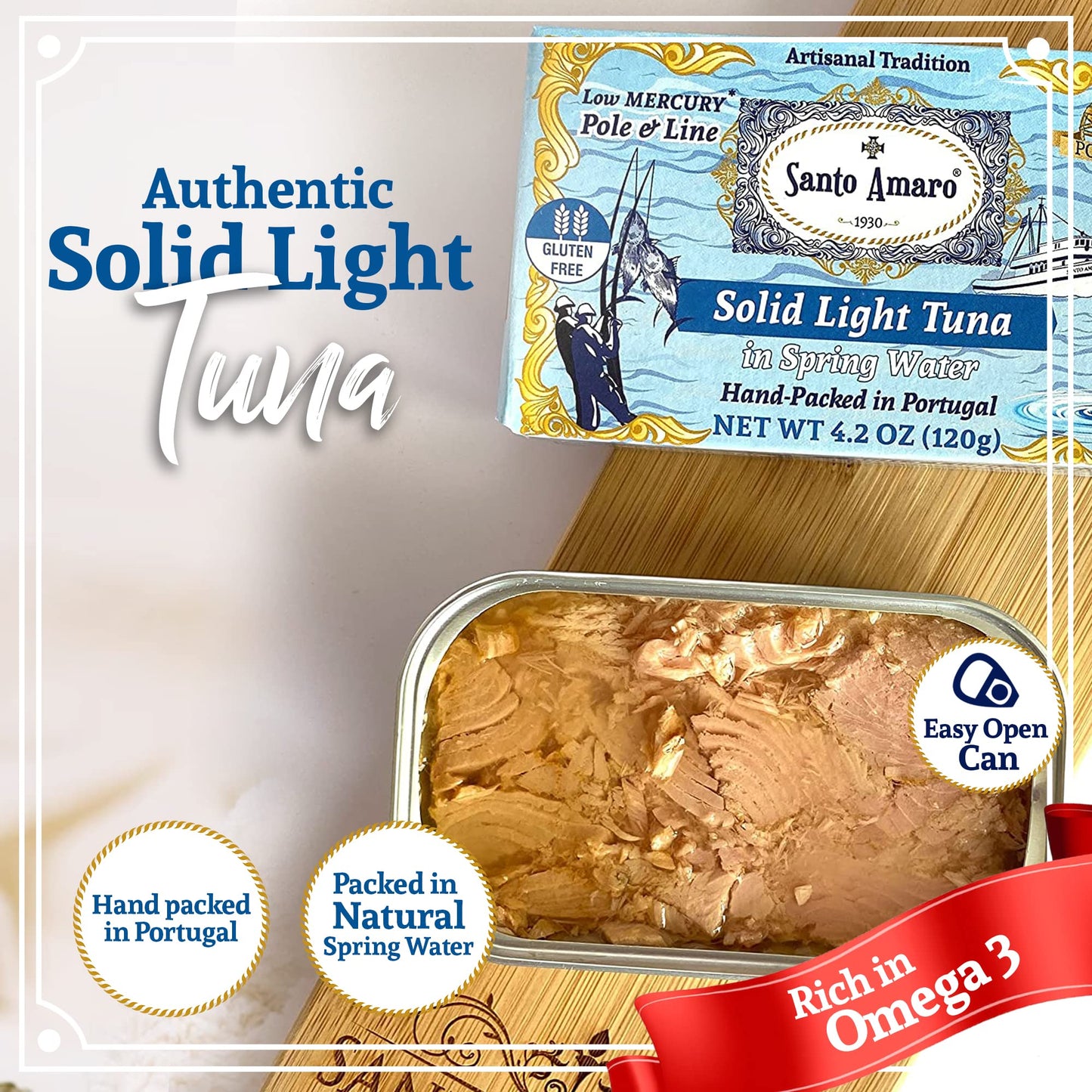Santo Amaro Artisanal Wild Tuna in Spring Water, 4.2 Ounce (Pack of 3), Low Mercury, 24g Protein, Keto Friendly