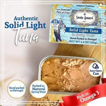 Santo Amaro Wild Caught Tuna in Spring Water, 4.2 oz (Pack of 6), 24g Protein, Low Mercury, Hand-Packed