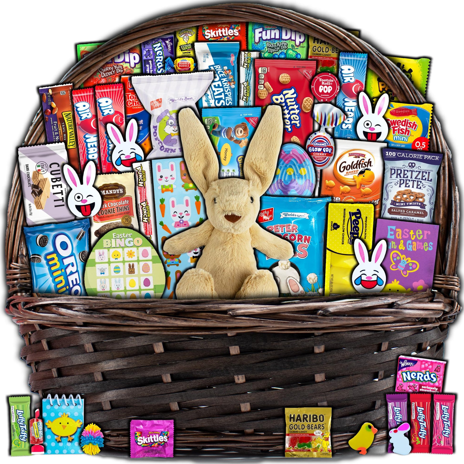 Brown Easter Basket for Kids and Adults (45ct) Already Filled Easter Gift Basket with Plush Easter Bunny, Candy, Snacks, and Tre