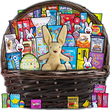 Brown Easter Basket for Kids and Adults (45ct) Already Filled Easter Gift Basket with Plush Easter Bunny, Candy, Snacks, and Tre