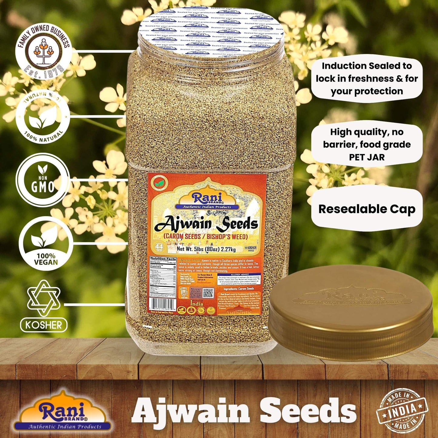 Rani Ajwain Seeds (Carom) Whole Spice - 5lbs (80oz) Bulk PET Jar, All Natural, Vegan, Gluten Friendly, NON-GMO, Kosher