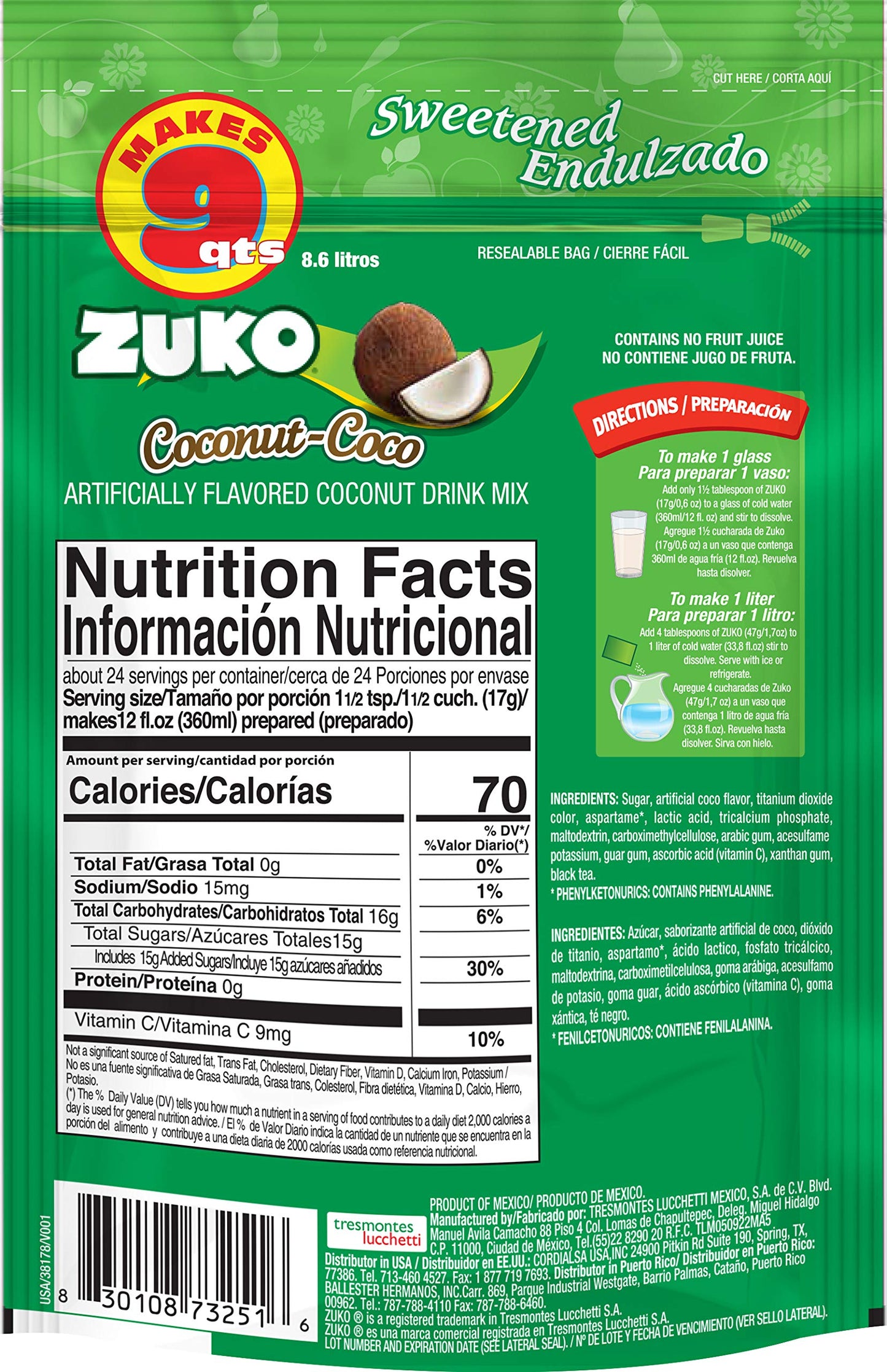Zuko Coconut Instant Powder Drink | Family Pack | No Sugar Needed | Vitamin C | 14.1 Ounce (Pack of 6)