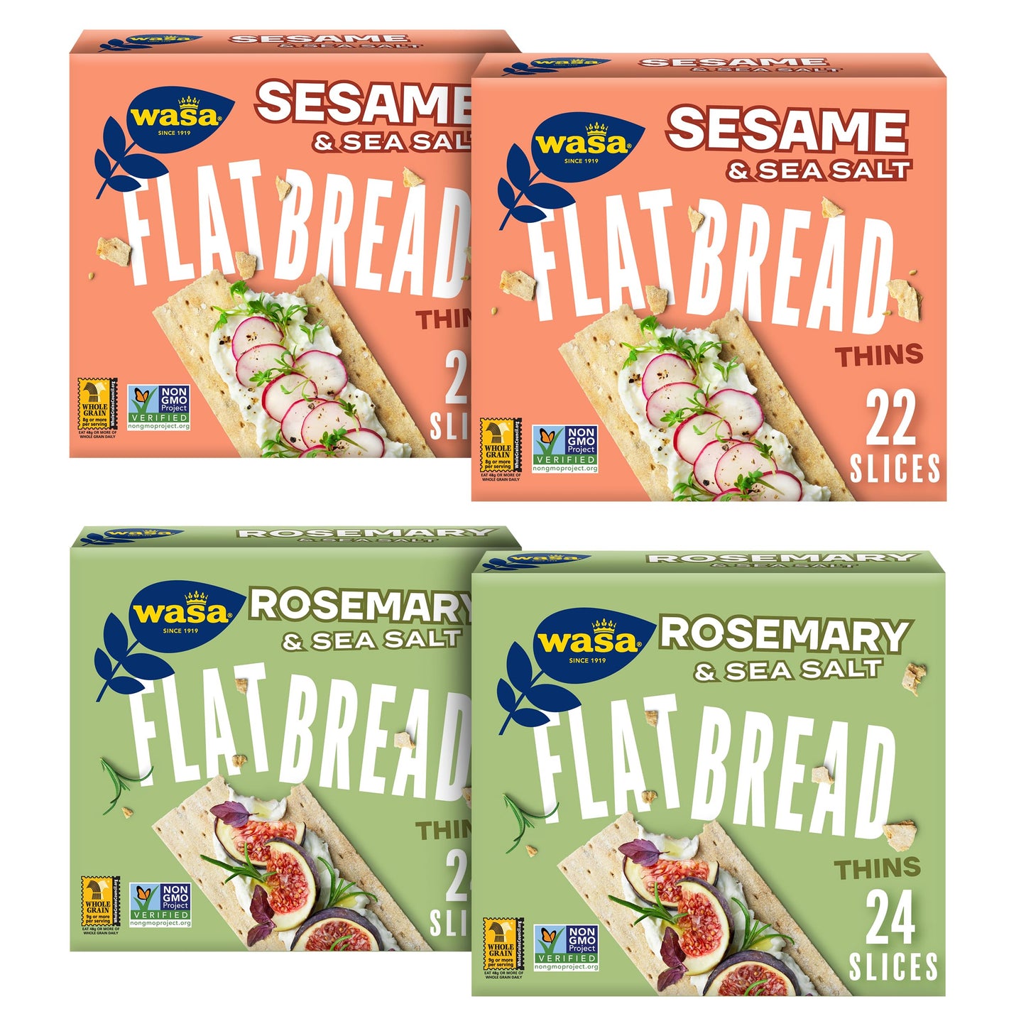 Wasa Flatbread Thins Variety Pack (Pack of 4), Rosemary & Sea Salt and Sesame & Sea Salt,  ers, Non-GMO Ingredients