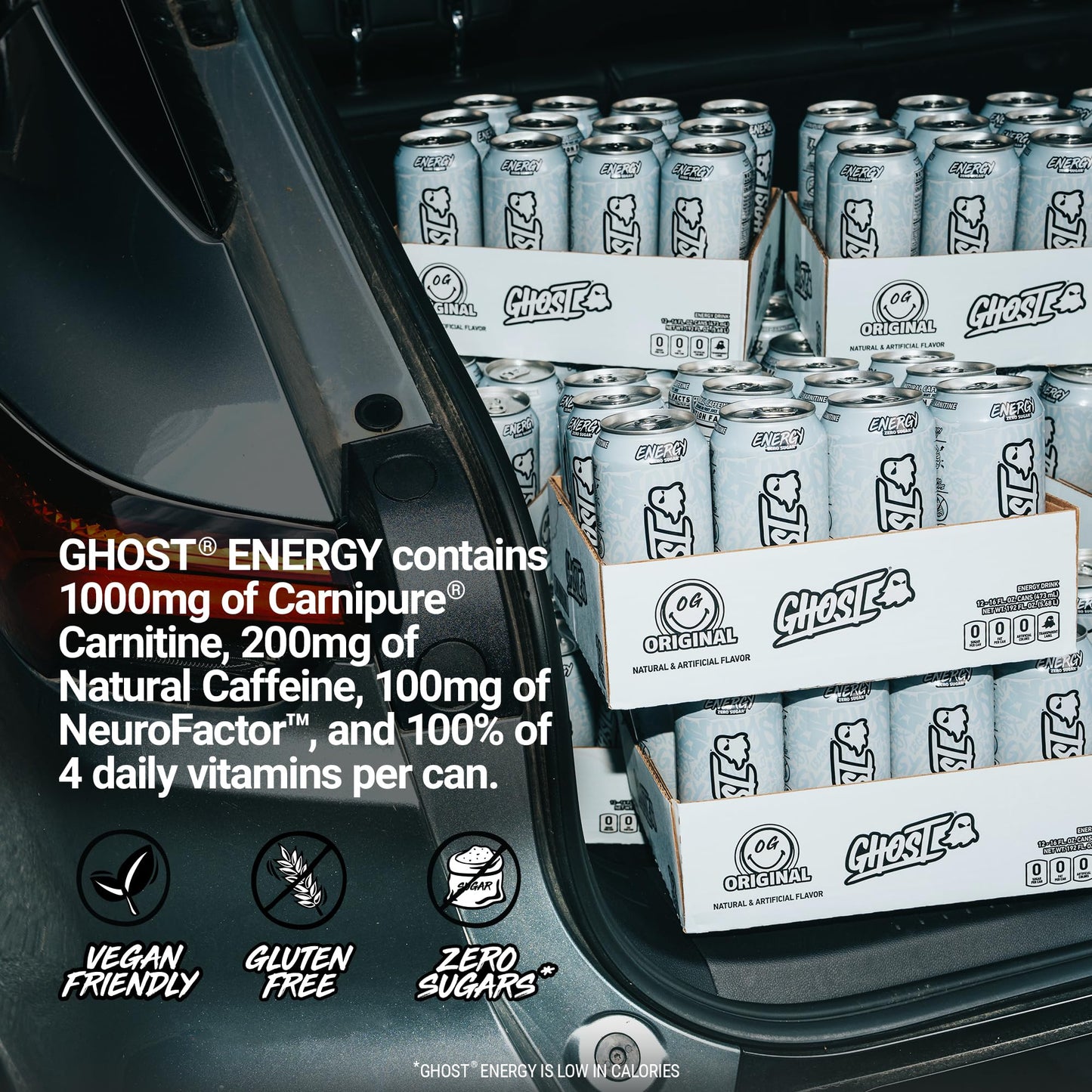 GHOST Energy Drink - 12-Pack  Original  16oz - Energy & Focus & No Artificial Colors - 200mg of Natural Caffeine  L-Carnitine & Taurine - Gluten-Free & Vegan