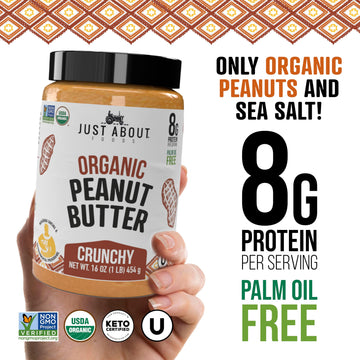 Just About Foods Organic Keto Peanut Butter, Crunchy, Gluten-Free, No Sugar Added, 16 oz, Palm Oil Free, Unsweetened Peanut Spread