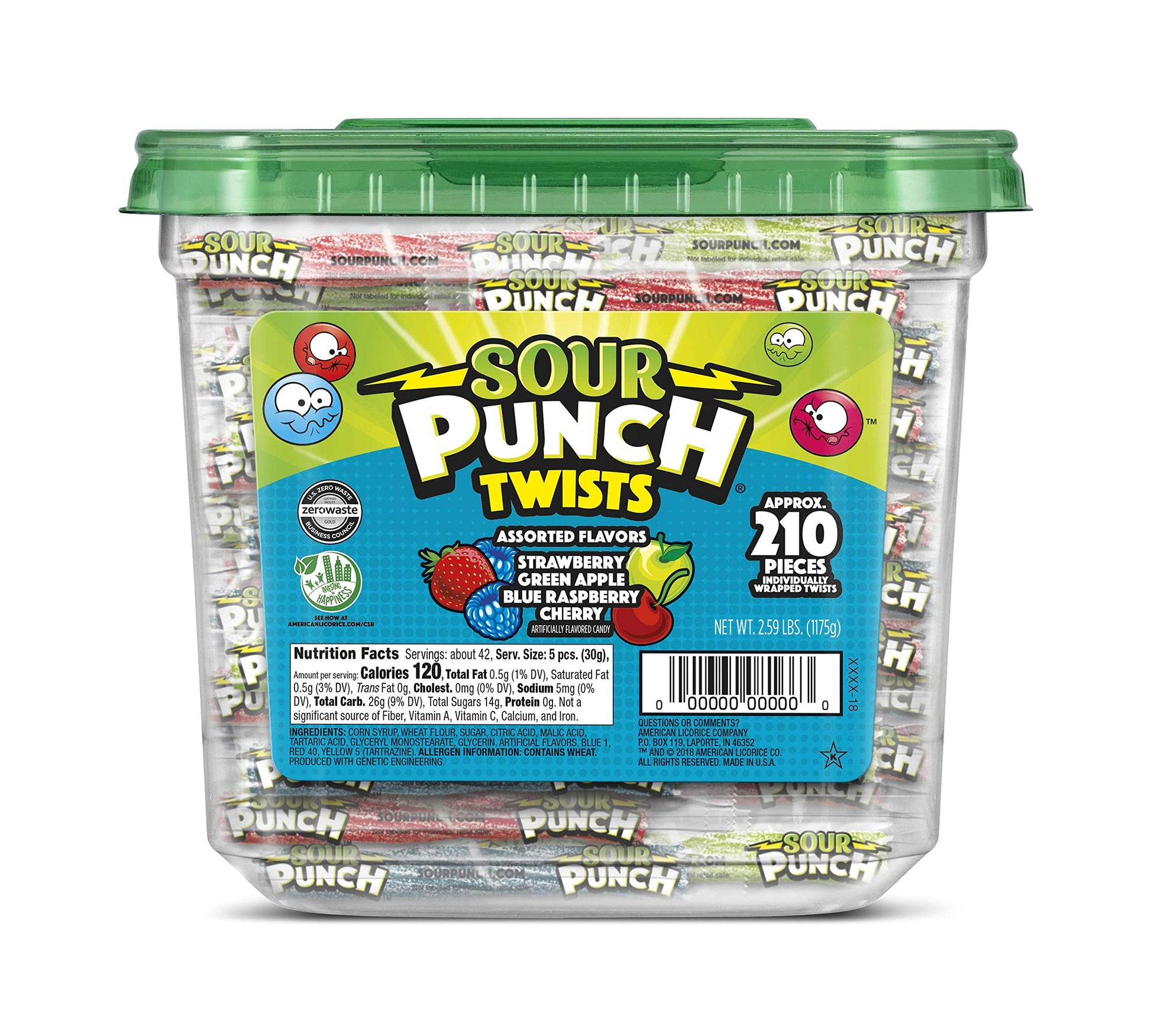 Sour Punch Twists, 3" Individually Wrapped Chewy Candy, 4 Fruity Flavors, 2.59 Lb Jar, 210 Count