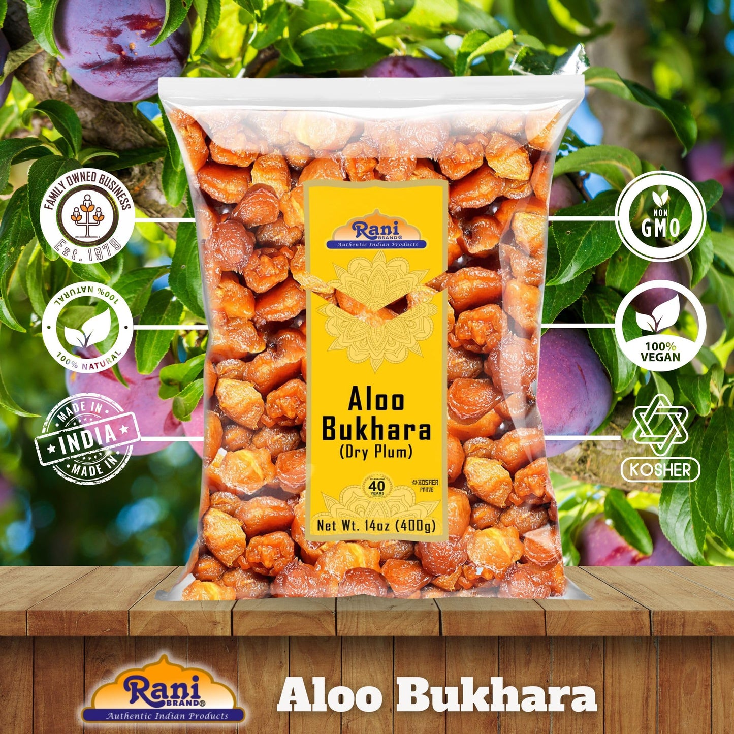 Rani Aloo Bukhara Dry Plum 14oz | All Natural, Salt Free, Vegan, Gluten Friendly, NON-GMO, Kosher, Indian Origin