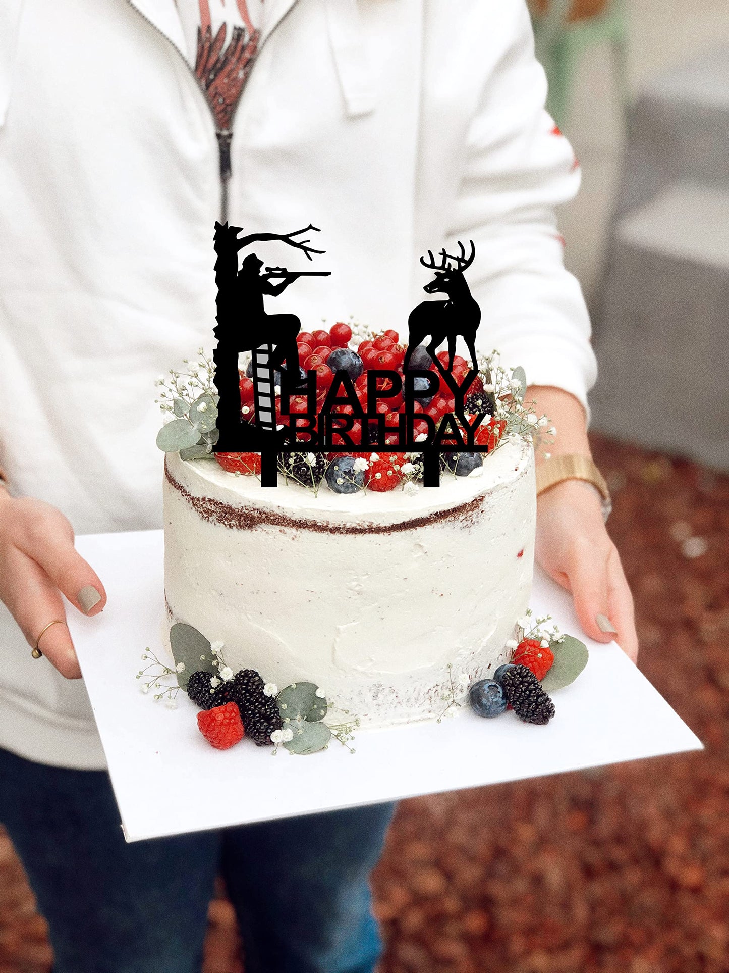 Ximoogoooz Hunting Birthday Cake Topper - Hunter In Tree Stand Aiming The Deer - Camping Themed Deer Hunter Cake Topper For Men'
