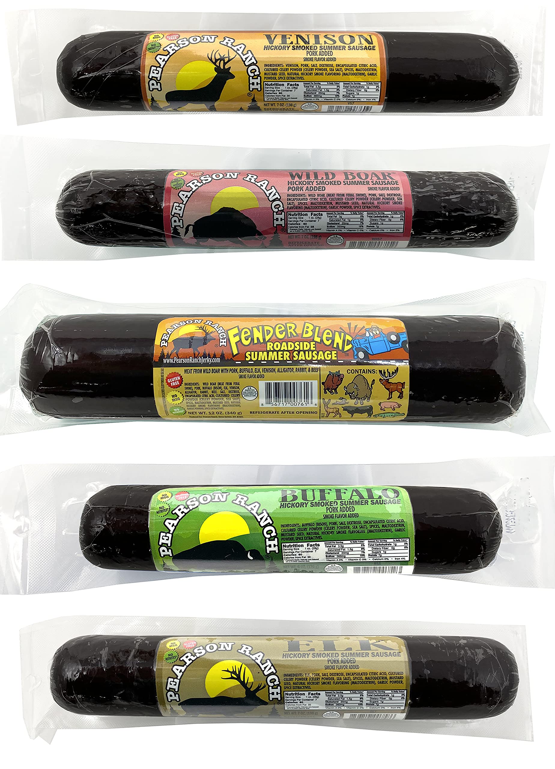PEARSON RANCH Wild Game Sausage Sampler - Elk, Bison, Venison, Wild Boar, Exotic Summer Sausage Gift