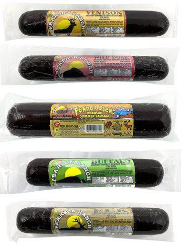 PEARSON RANCH Wild Game Sausage Sampler - Elk, Bison, Venison, Wild Boar, Exotic Summer Sausage Gift