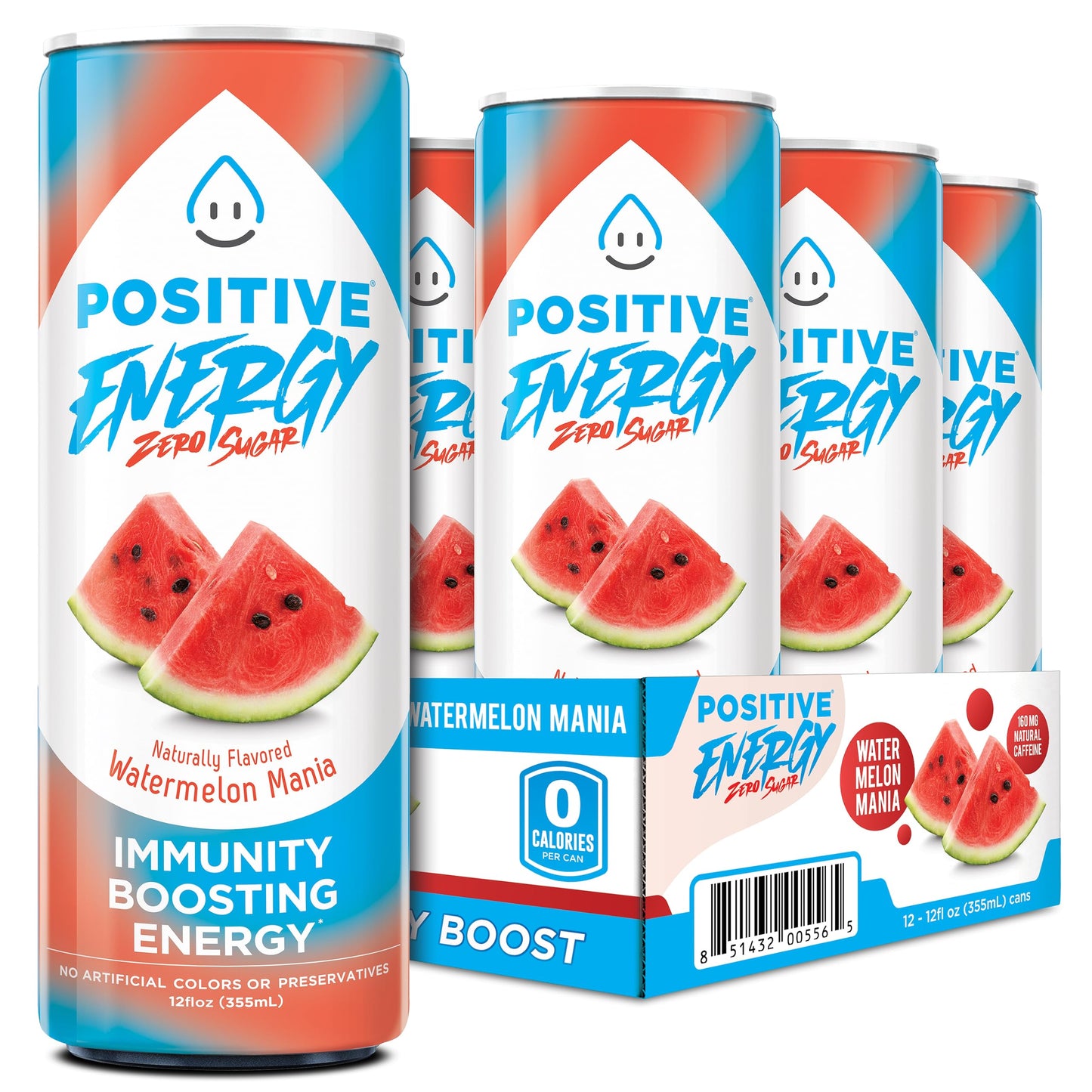 POSITIVE ENERGY Beverage - Zero Sugar Energy Drink, 12 oz Can, Pack of 12, Supports Hydration and Immunity
