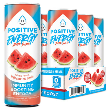 POSITIVE ENERGY Beverage - Zero Sugar Energy Drink, 12 oz Can, Pack of 12, Supports Hydration and Immunity