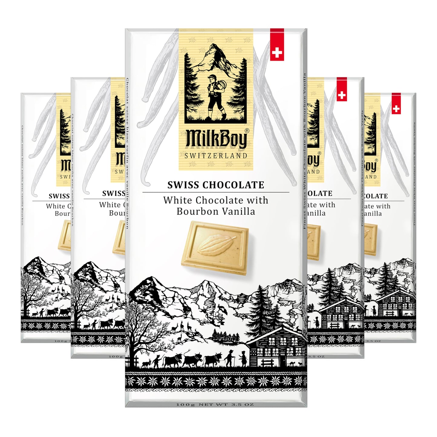 Milkboy Swiss Chocolates White Chocolate Bourbon Vanilla Bars - Gluten Free, Non-GMO, Kosher - 3 oz, Pack of 5
