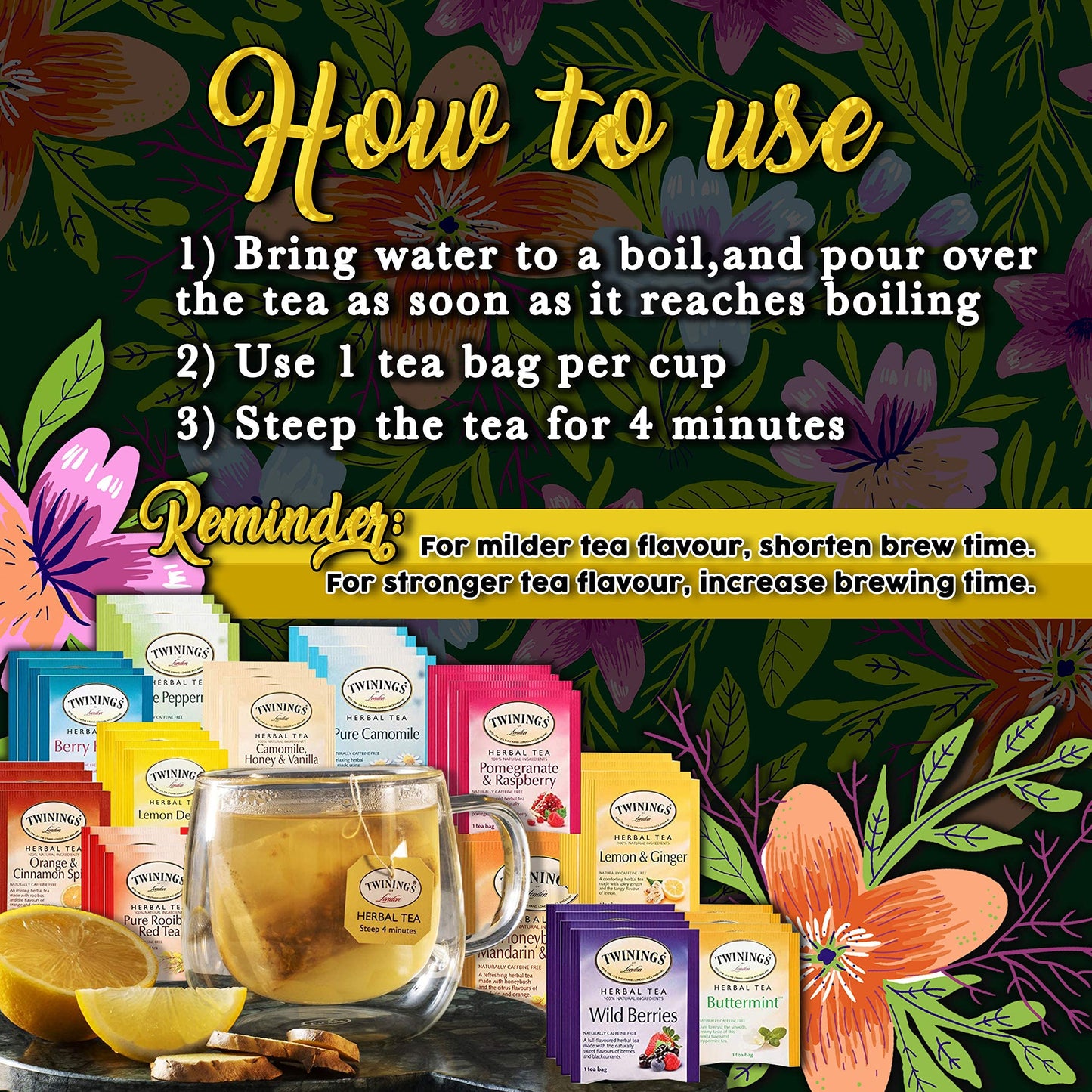 Twinings 48 Tea Bags Herbal Variety Pack  Bundle with 20 Flavored Honey Sticks - 12 Flavors Caffeine-Free Individually Wrapped Teas for Gift Basket  Office  Lobby Refreshments