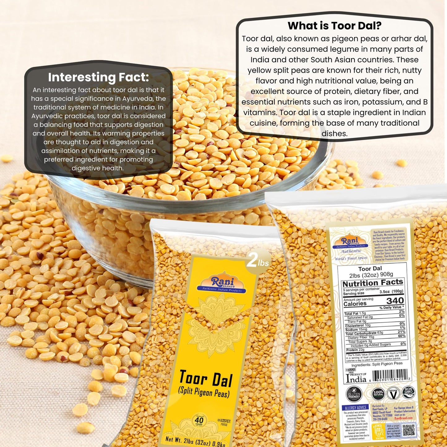 Rani Toor Dal (Split Pigeon Peas) 32Oz (2Lbs) 908G ~ All Natural | Gluten Friendly | Non-Gmo | Vegan | Indian Origin