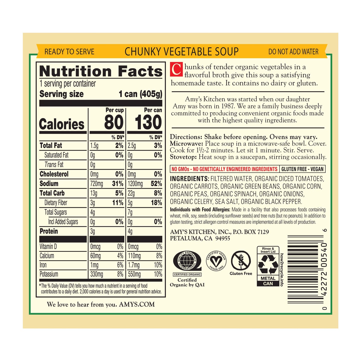 Amy’S Soup, Vegan Chunky Vegetable Soup, Gluten Free, Made With Organic Vegetables, Canned Soup, 14.3 Oz (12 Pack)