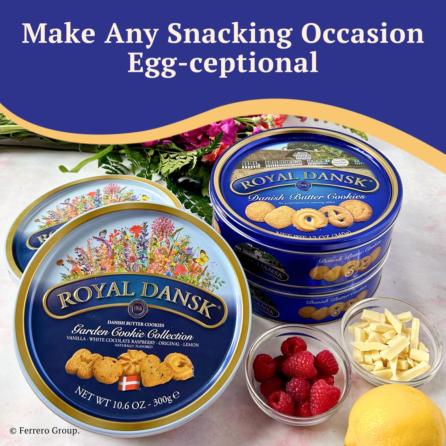 Royal Dansk Garden Cookie Collection & Danish Butter Cookies, 4-Pack, Includes Two 12 Oz And Two 10.6 Oz Tins