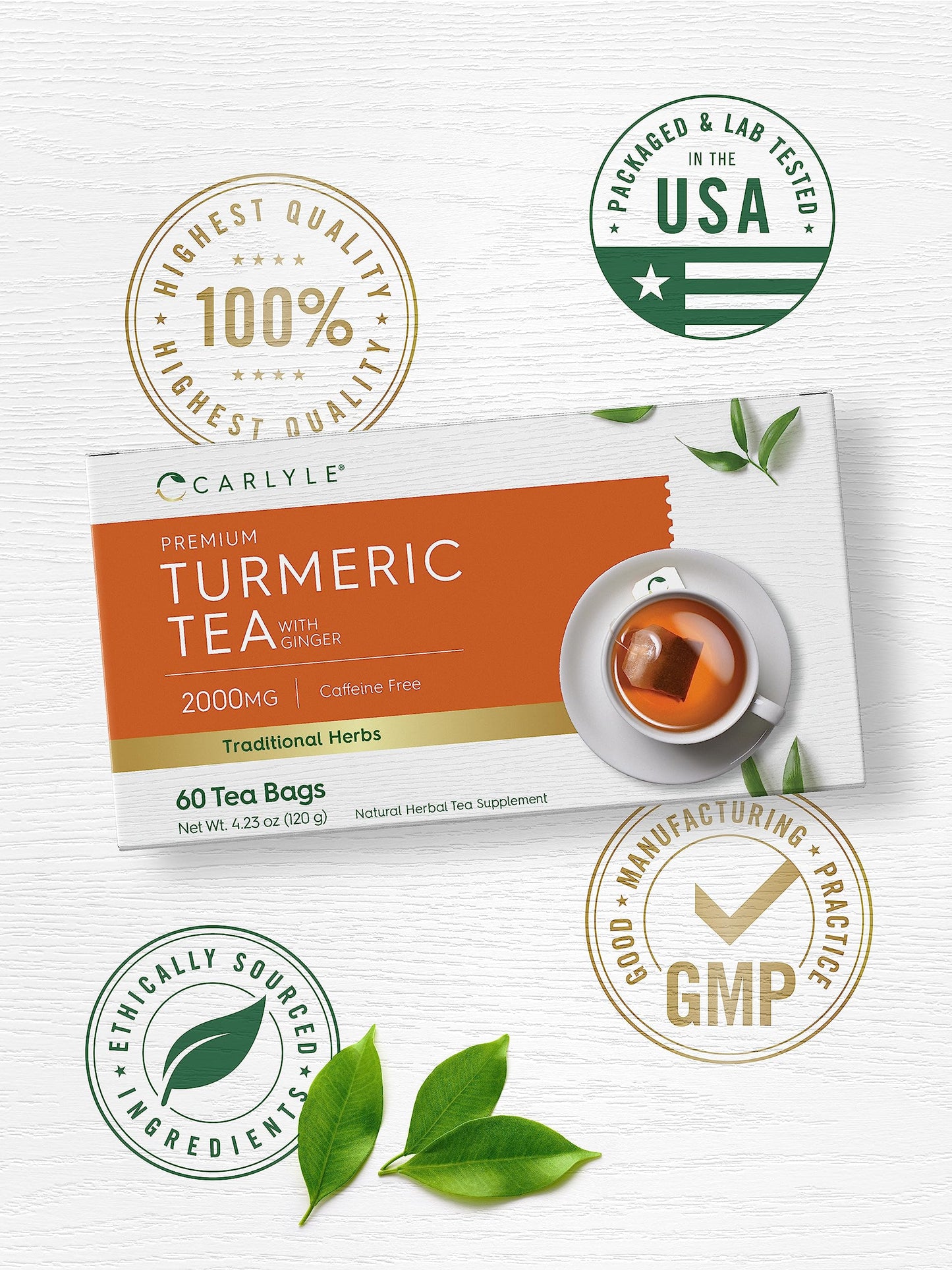 Carlyle Turmeric Tea Bags with Ginger, Caffeine Free, Non-GMO, Gluten Free, 60 Count