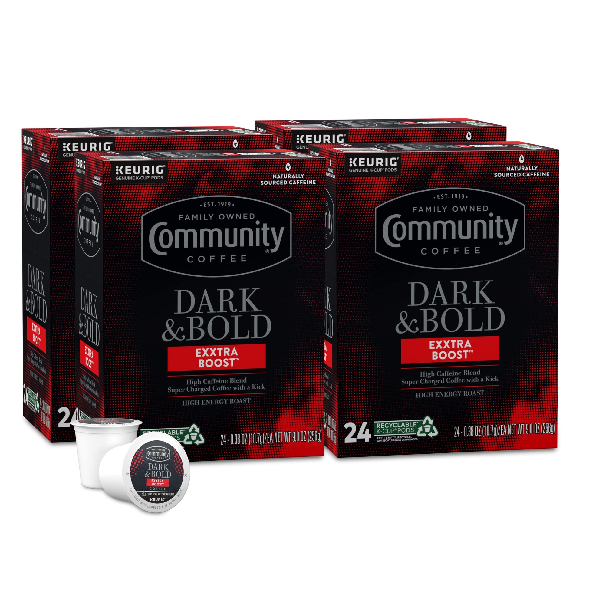 Community Coffee Dark & Bold Extra Boost Coffee Pods, Compatible with Keurig 2.0, 24 Count (Pack of 4)