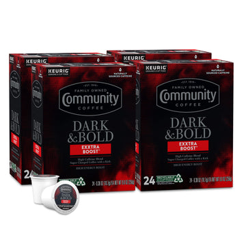 Community Coffee Dark & Bold Extra Boost Coffee Pods, Compatible with Keurig 2.0, 24 Count (Pack of 4)