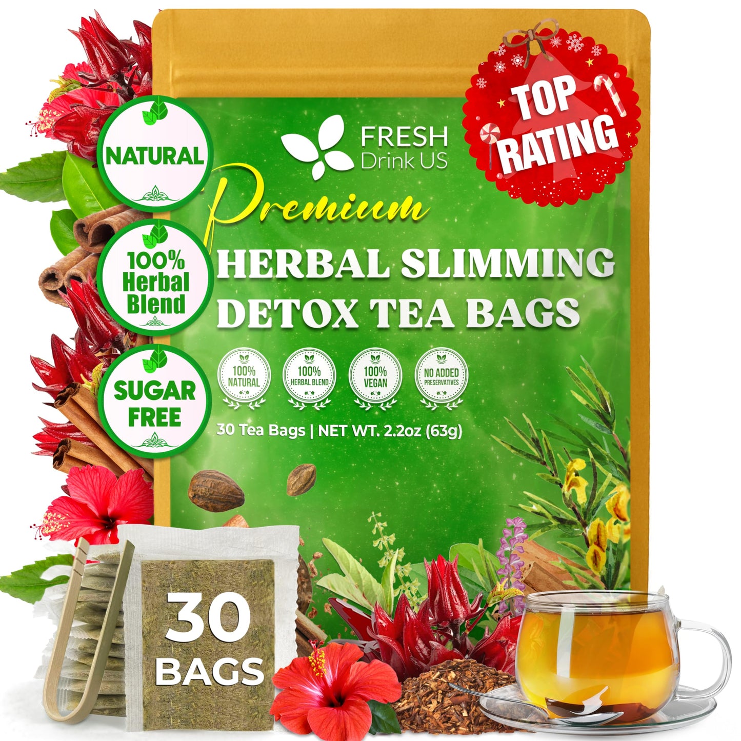 Freshdrinkus  30 Tea Bags Herbal Tea - Energy Blend-Free Herbal Tea With Rooibos  Turmeric & Hibiscus - Loose Leaf Blend For Daily Rituals And Clean Living - Vegan  No Additives
