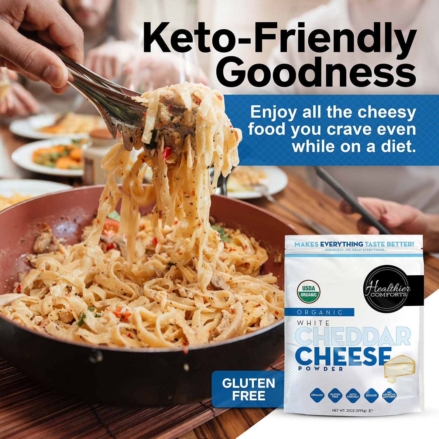 Healthier Comforts Organic White Cheddar Cheese Powder, Gluten Free, Keto-Friendly, 21 oz