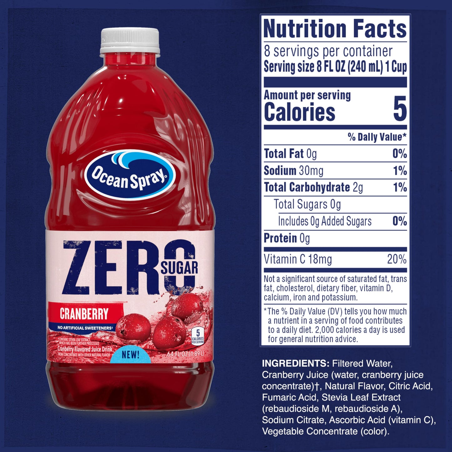 Ocean Spray ZERO Sugar Cranberry Juice Drink, Sweetened with Stevia, 64 Fl Oz Bottle