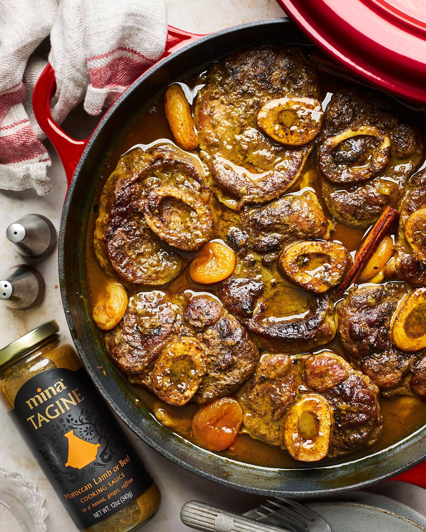 Mina Tagine Moroccan Simmer Sauce, 12 Oz - Royal Ras El Hanout Spice Blend For Beef & Lamb, Tagine Sauce Made With Ginger, Cinnamon, Saffron, Olive Oil, Non-Gmo, Gluten Free