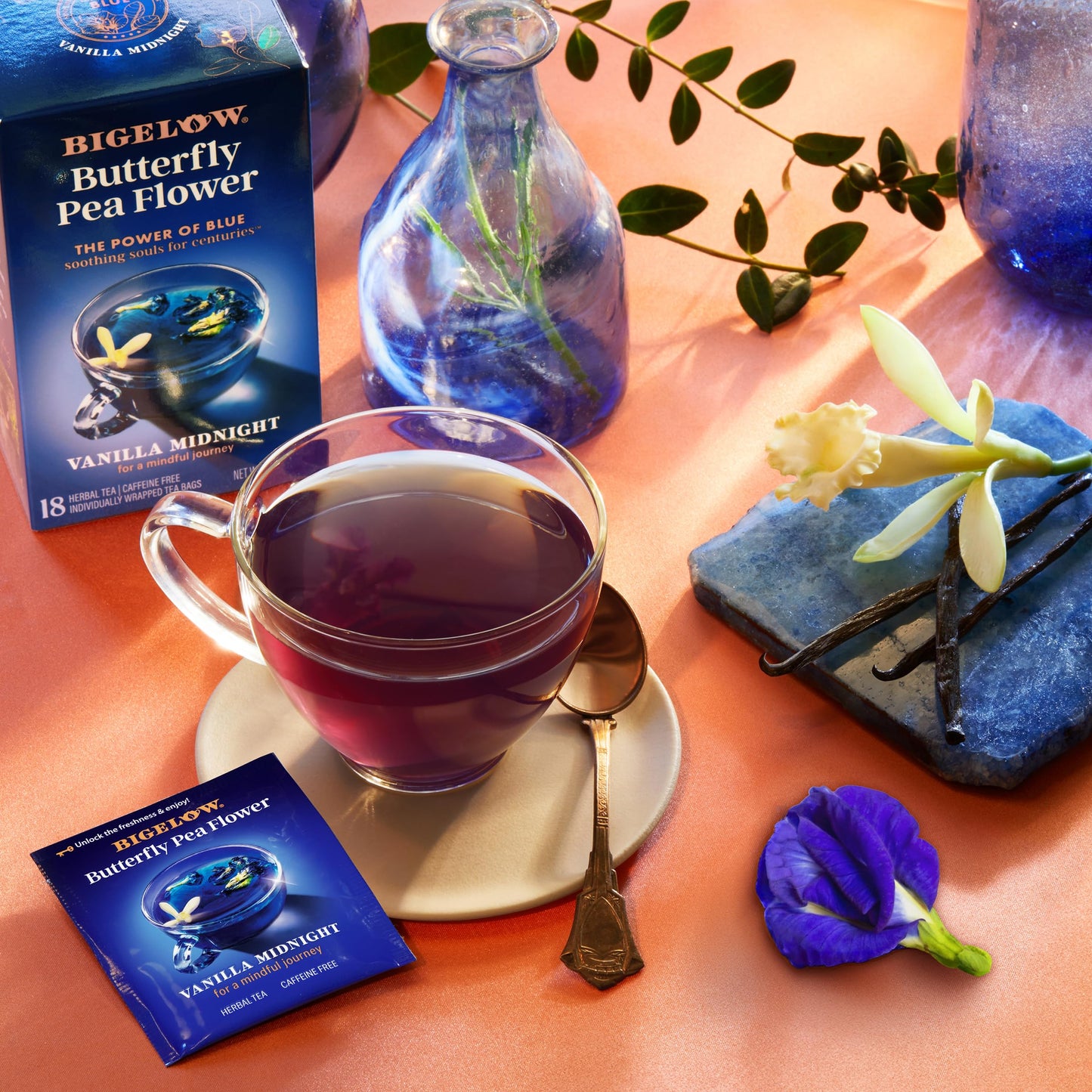 Bigelow Tea Vanilla Midnight Butterfly Pea Flower, Caffeine Free, 108 Total Tea Bags, 18 Count (Pack of 6)