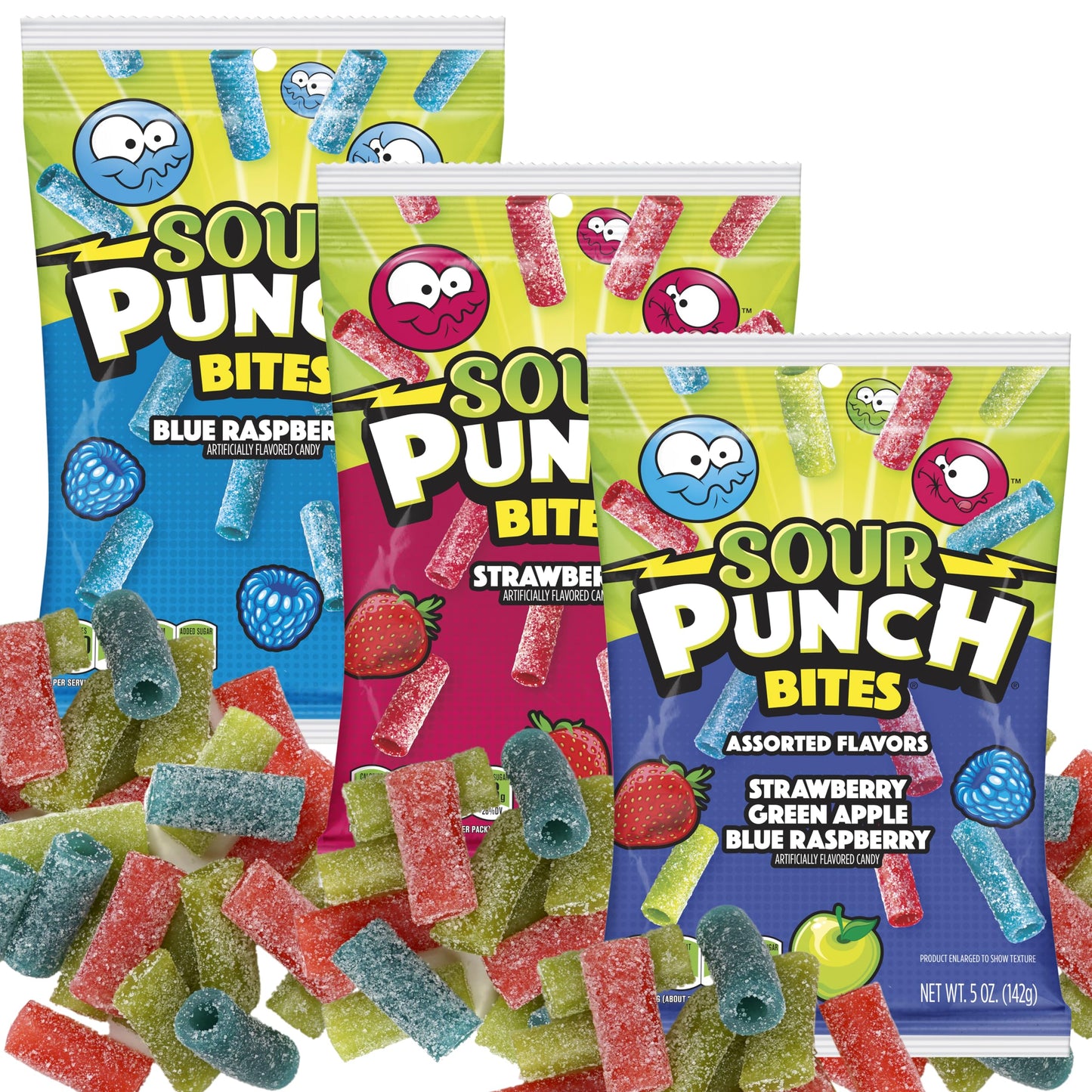 Sour Punch Bites, 5 Ounce Bags (Pack of 3), Strawberry, Blue Raspberry & Assorted Flavors Bags, The Hampton Popcorn & Candy Comp