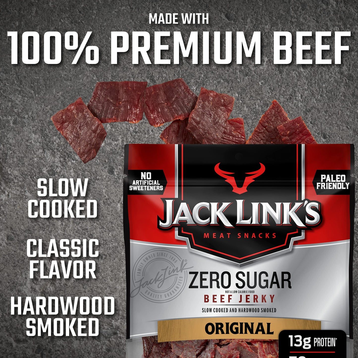 Jack Links Beef Jerky, Zero Sugar, 13g Protein, 70 Calories, 2.3 oz, Paleo Friendly Snack