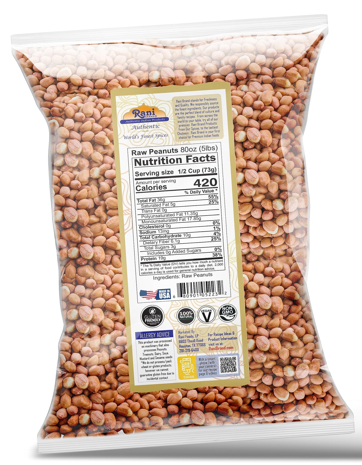 Rani Peanuts, Raw Whole With Skin (Uncooked, Unsalted) 80Oz (5Lbs) 2.27Kg Bulk ~ All Natural | Vegan | Kosher | Gluten Friendly | Fresh Product Of Usa ~ Spanish Grade Groundnut/Red-Skin