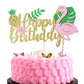 Trelsan Golden Glitter Happy Birthday Cake Topper, Flamingo Palm Leaf Pineapple Cake Topper, Hawaii Theme Birthday Party Supplie