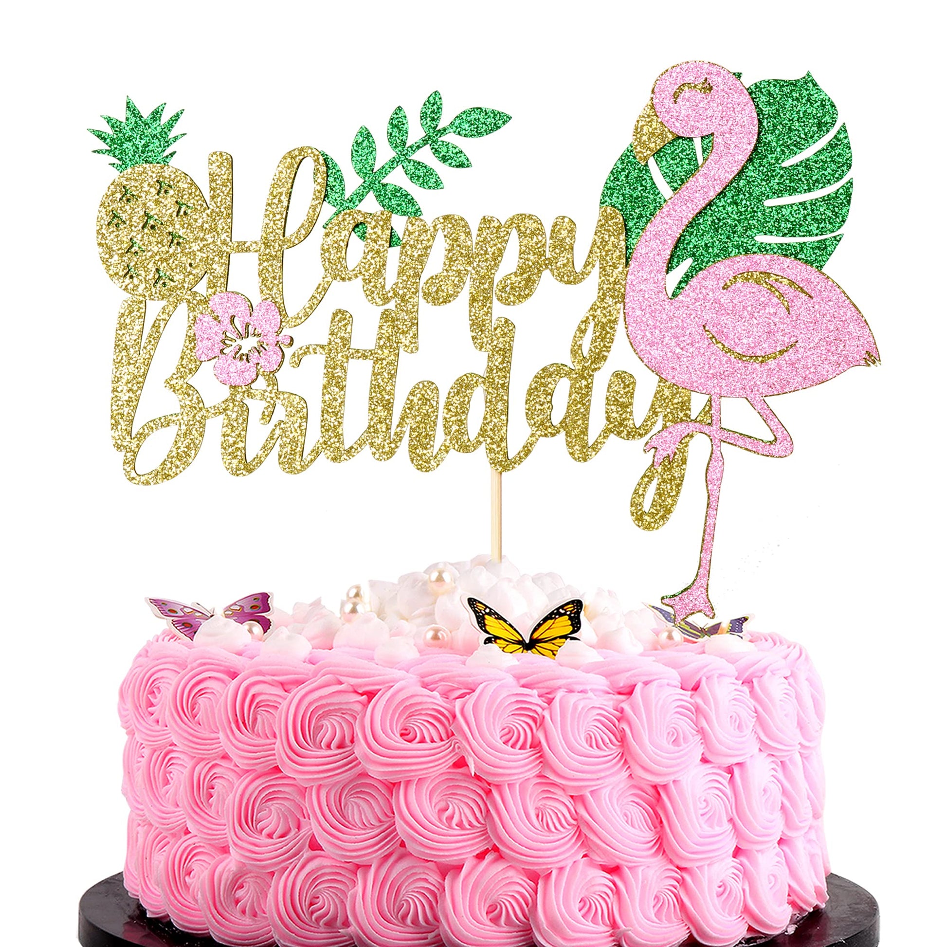 Trelsan Golden Glitter Happy Birthday Cake Topper, Flamingo Palm Leaf Pineapple Cake Topper, Hawaii Theme Birthday Party Supplie
