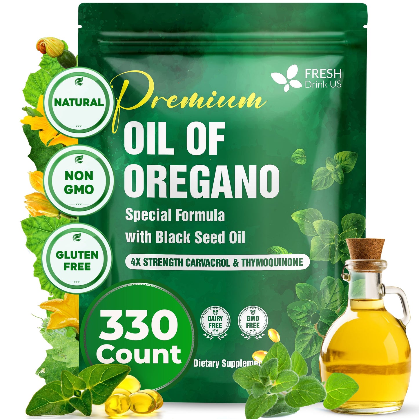 Freshdrinkus  Top-Grade Oregano Oil Softgels | 330 Count | Blend Of 300Mg Oregano Oil (Origanum Minutifloflavor Blend) + 200Mg Black Seed (Nigella Sativa) - Plant-Based Source Of Natural Antioxidants.