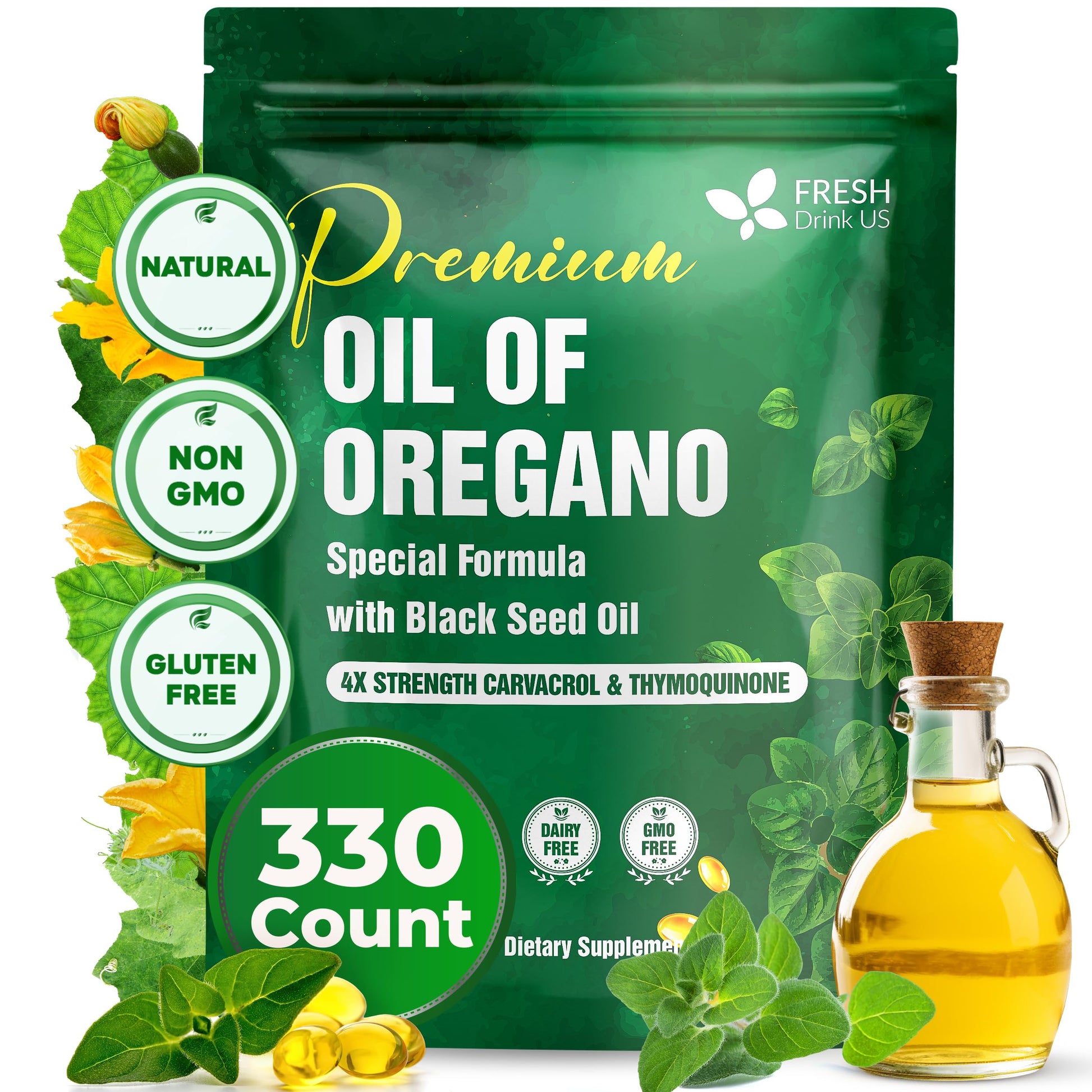 Freshdrinkus  Top-Grade Oregano Oil Softgels | 330 Count | Blend Of 300Mg Oregano Oil (Origanum Minutifloflavor Blend) + 200Mg Black Seed (Nigella Sativa) - Plant-Based Source Of Natural Antioxidants.