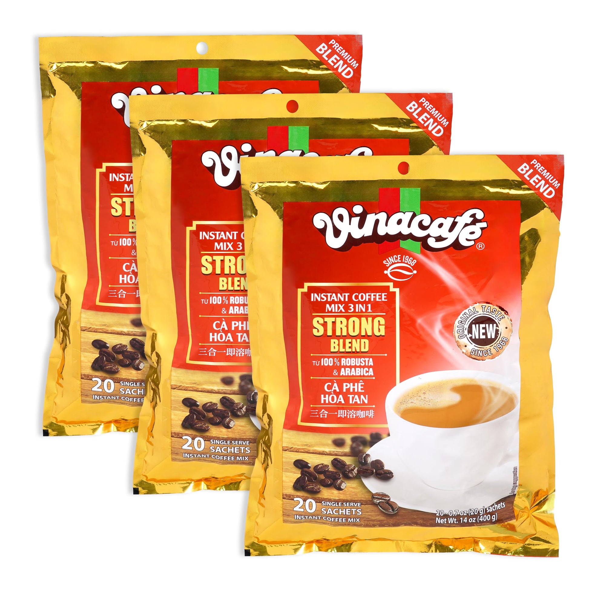 Vinacafe 3 in 1 Instant Coffee - Strong Rich Blend, 60 Sachets (3 Bags of 20)