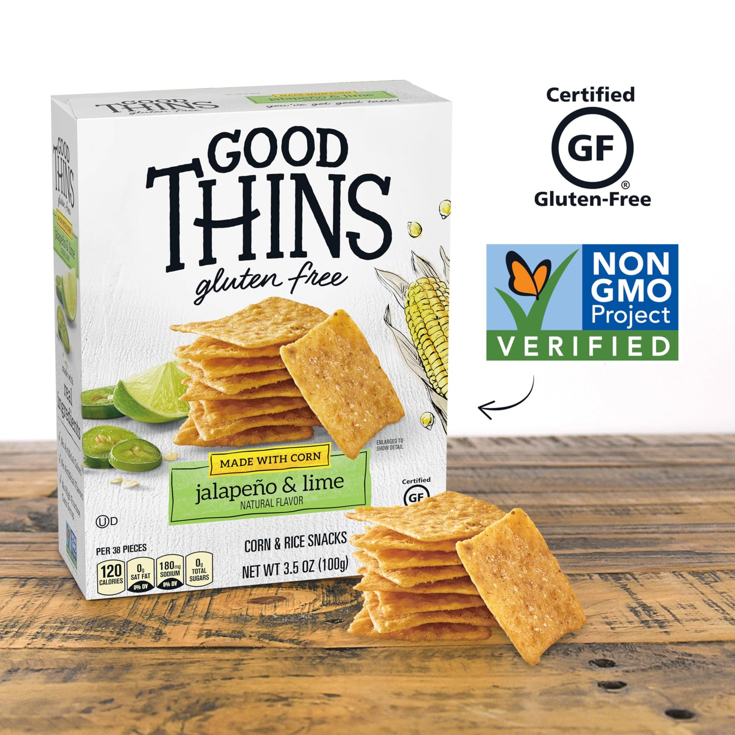 Good Thins Jalapeo & Lime Corn & Rice Snacks Gluten Free Crackers, 6 - 3.5 Oz Boxes
