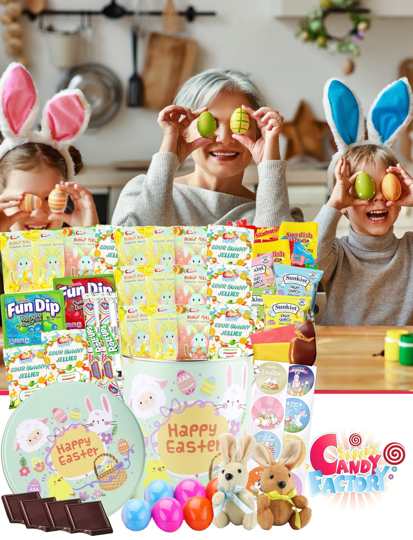 Easter Snack Green Tin (60 Count) Filled With Candy, Peelable Gummies, Bunny And More, Great Package For Family, Friends, Boys A