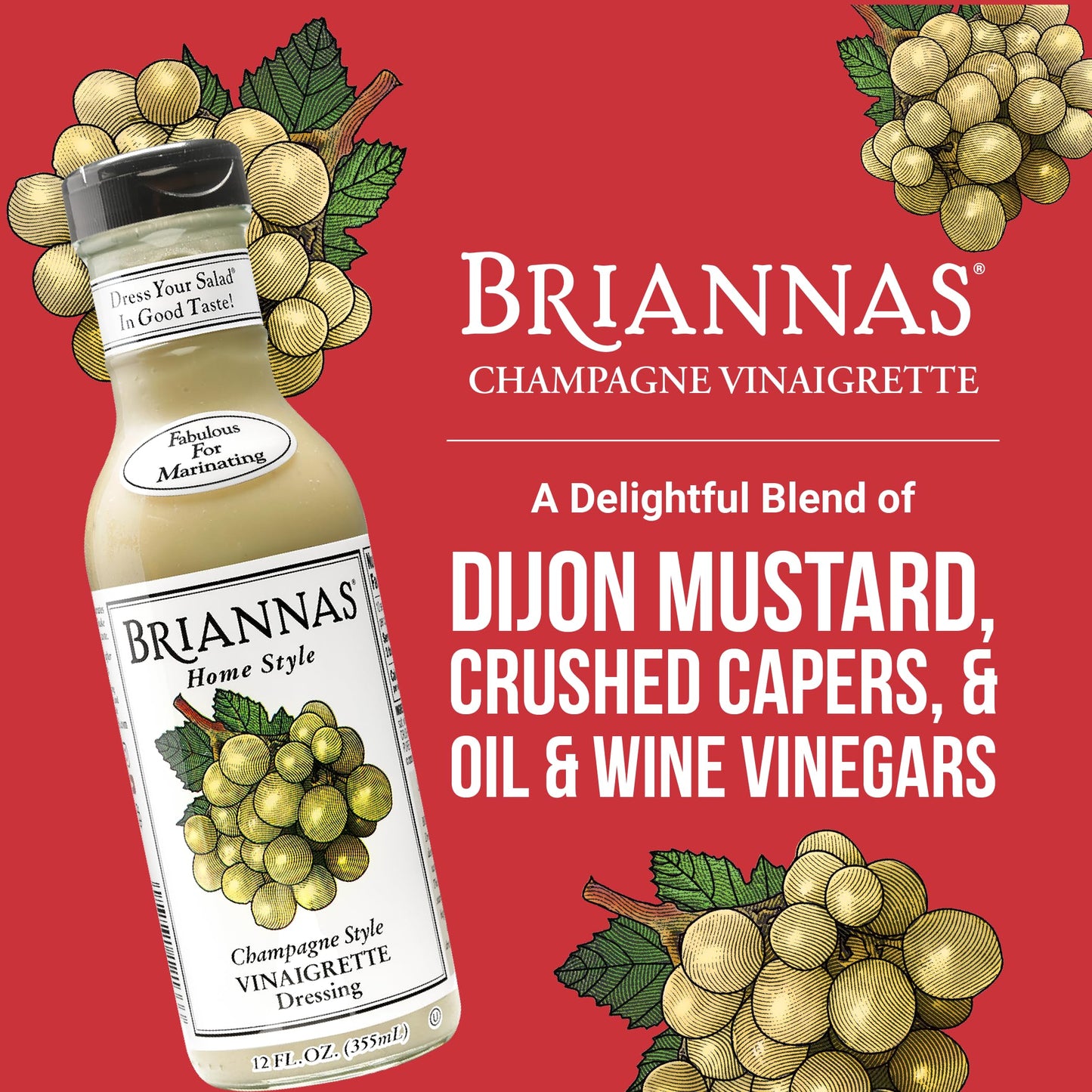 BRIANNAS Champagne Vinaigrette Dressing – Gluten Free & Kosher – 12 oz. Bottle - Fine Salad Dressing