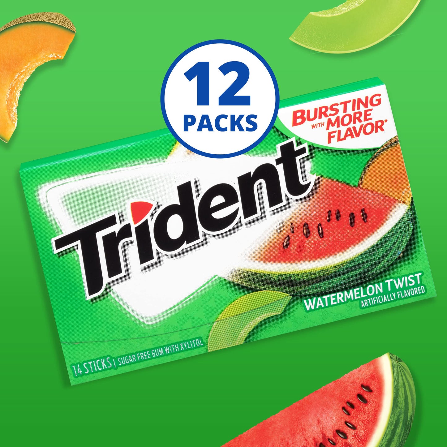 Trident Sugar-Free Chewing Gum, Watermelon Twist, 14 Pieces per Pack, 12 Packs, Total 168 Pieces