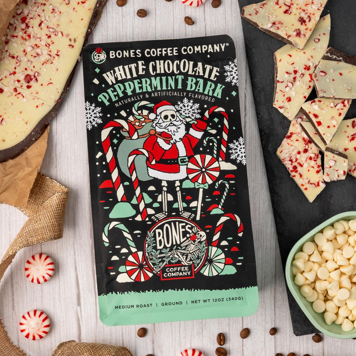 Bones Coffee Company White Chocolate Peppermint Bark Flavored Coffee  Medium Roast Low Acid Arabica Beans Compatible with Auto drip and French Press Coffee Maker  12 Oz Ground