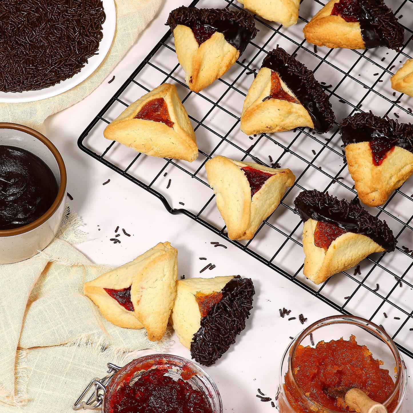 Hamentaschen Cookies | Mishloach Manot, Purim Gift Idea | Chocolate Dipped Shortbread Cookies Filled With Apricot And Raspberry