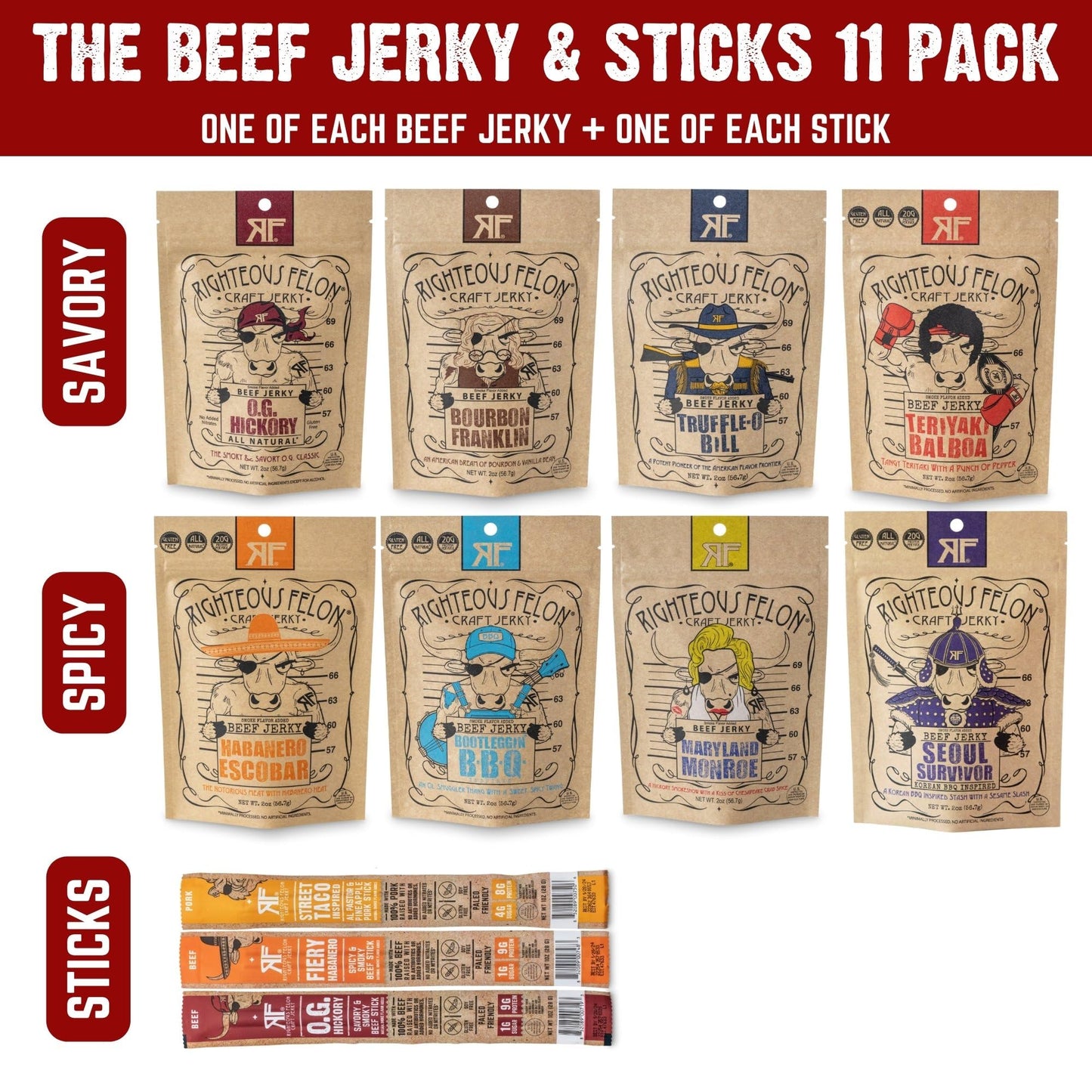Righteous Felon Beef Jerky Variety Pack - Gluten Free, High Protein, Low Sugar, 14 Piece Set