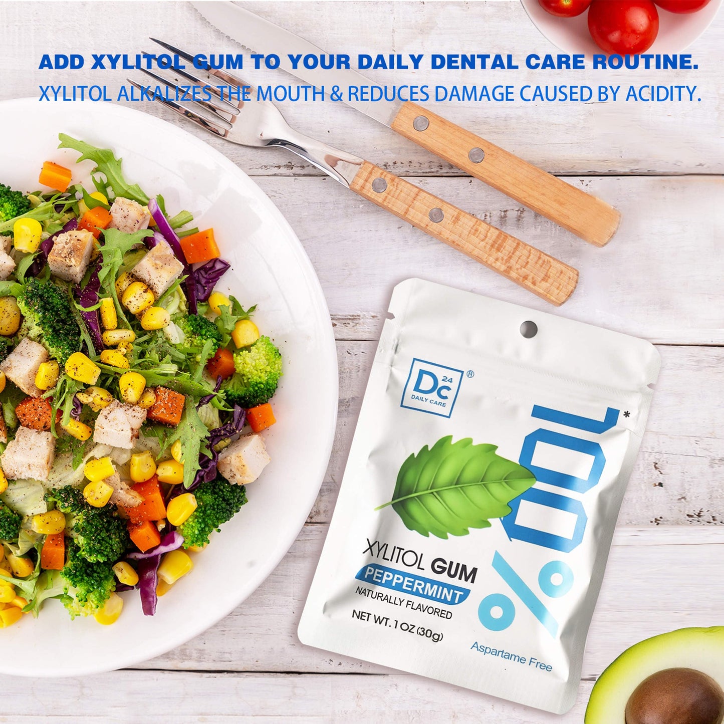 DC24 DAILY CARE 100% Xylitol Gum, Aspartame Free, Sugar Free Peppermint Chewing Gum, Natural Flavors, Gluten Free, Vegan, 20 Pie