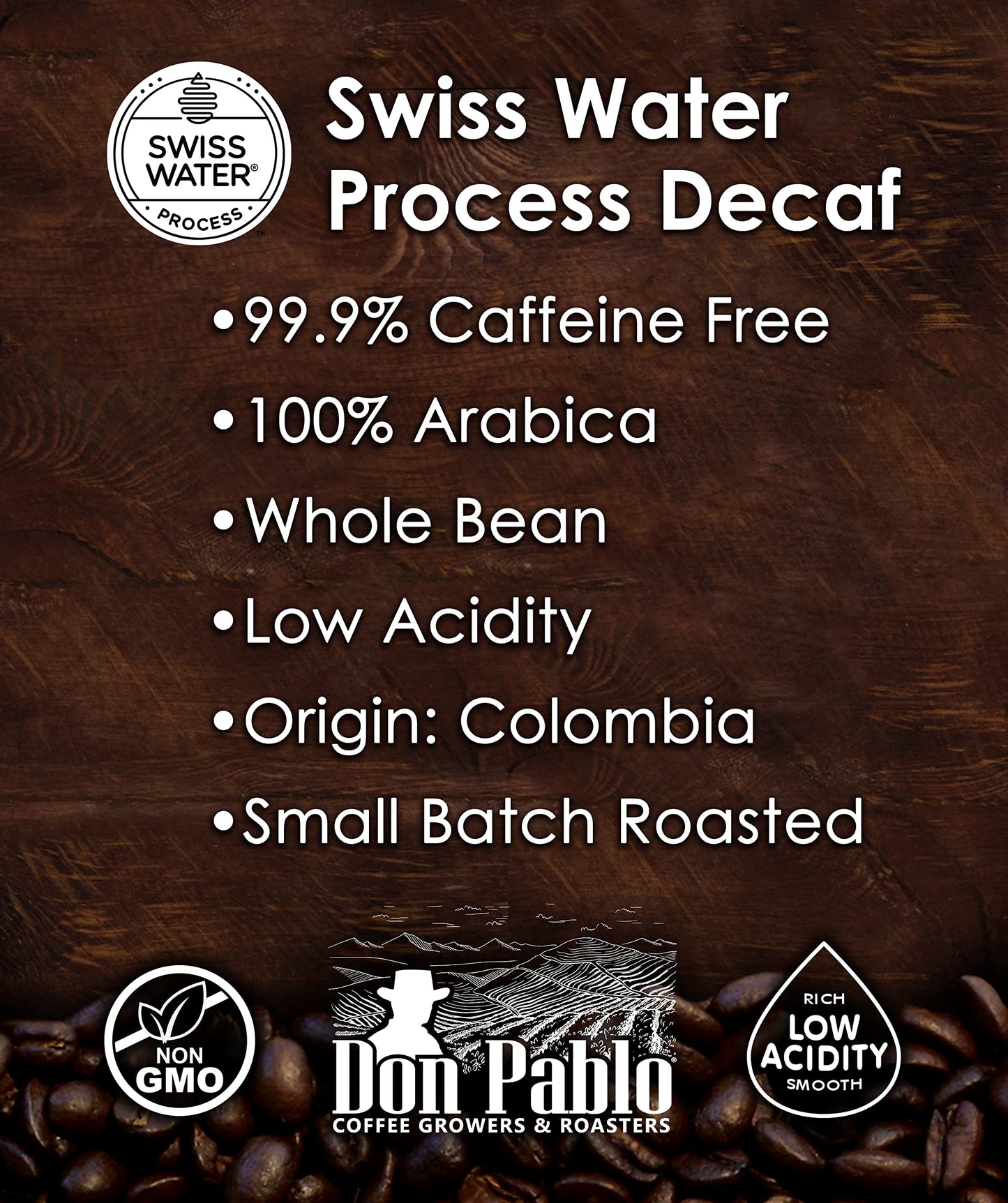 2LB Don Pablo Colombian Decaf Light Roast - Swiss Water Process Decaffeinated - Light Roast Whole Bean Coffee - Low Acidity - 2 Pound (2 lb) Bag