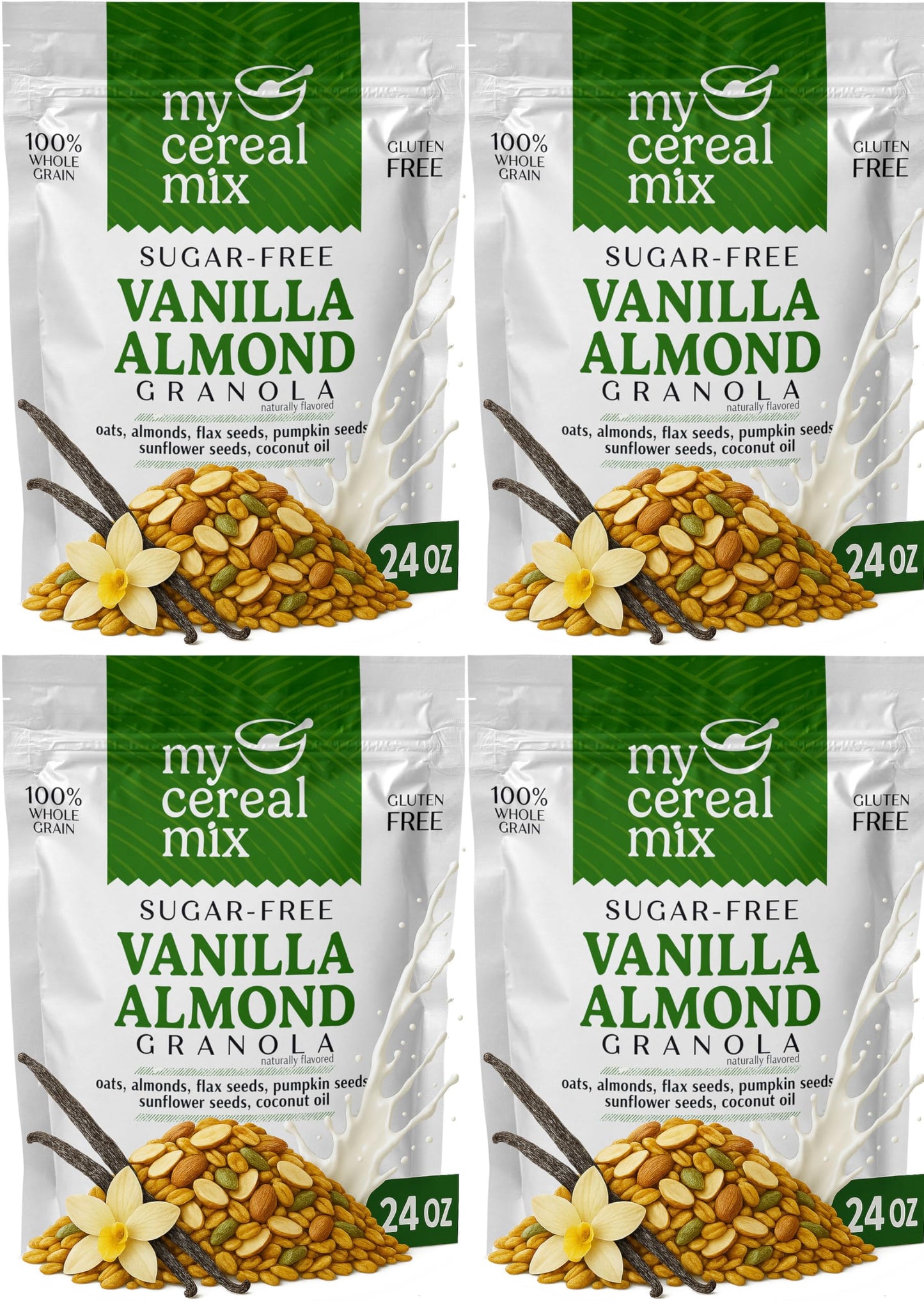 MyCerealMix Sugar Free Vanilla Almond Granola - 4 Pack (96oz Total) - Vegan, Gluten Free - Blood Sugar Friendly Breakfast - Natu