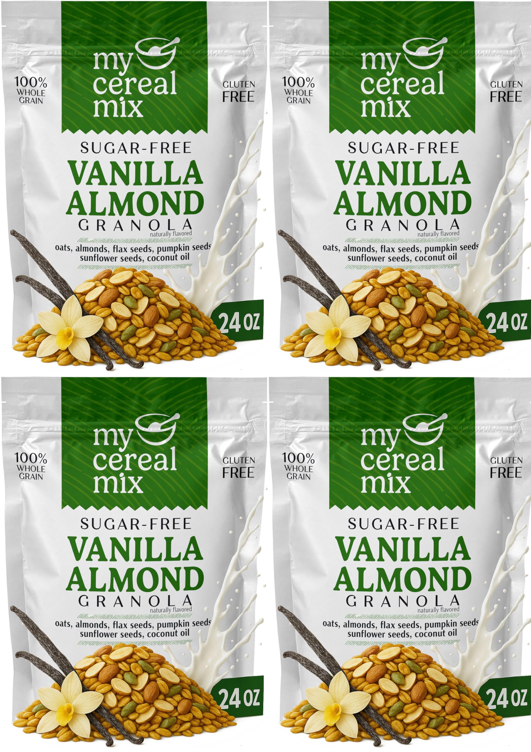 MyCerealMix Sugar Free Vanilla Almond Granola - 4 Pack (96oz Total) - Vegan, Gluten Free - Blood Sugar Friendly Breakfast - Natu